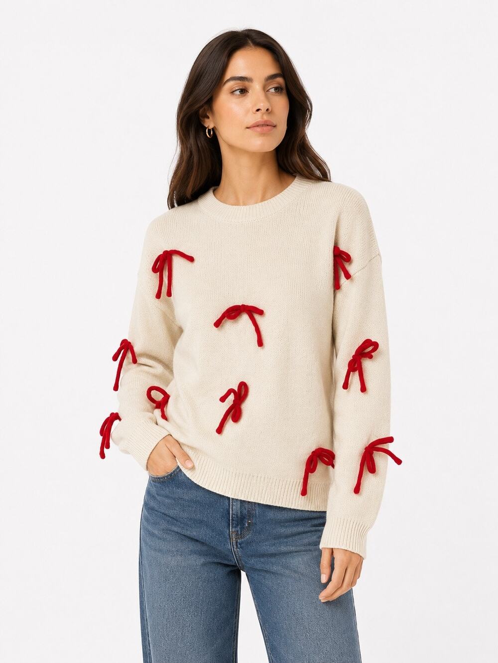 Roffe White Sweater with Red Bows Knit Pullover NWT Size Large